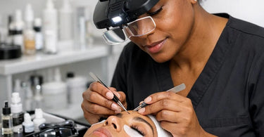 Close up of professional lash artist using magnifying lamp for precision eyelash extension application in salon studio