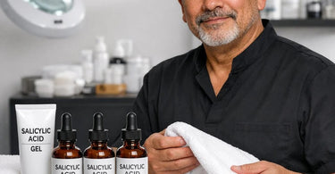 Professional esthetician selecting the right strength salicylic acid treatment for congested skin in a spa facial treatment room with various skincare bottles and a client receiving a facial.