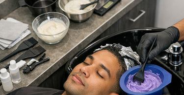Professional salon mixing bowls for hair color including plastic tint bowl and silicone mixing bowl with brush on white background