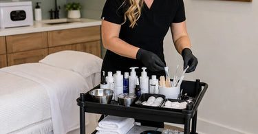 A mobile esthetician's organized cart with professional skincare and waxing supplies
