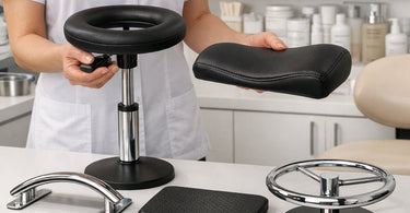 Variety of adjustable esthetician stools with ergonomic footrests for professional spa and salon use