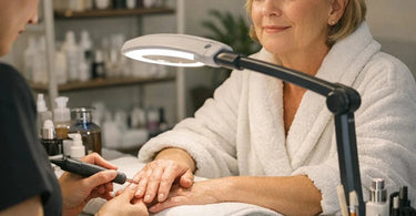 Professional nail lamp on a salon desk curing gel polish on a client's hand with nail art supplies nearby