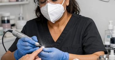 Nail technician wearing a protective mask while filing acrylic nails at a salon station