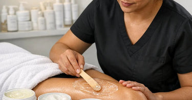 Close up of professional body contouring gel being applied to skin showing perfect medium viscosity texture for spa treatments