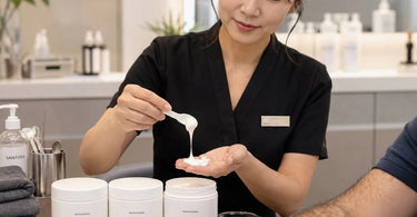 A thick, high viscosity massage cream being applied to a client with body hair to ensure smooth glide without pulling.