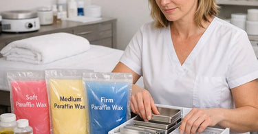 A professional spa therapist applying a thick, high-viscosity paraffin wax dip to a client's elbow and knee, demonstrating proper technique for dry skin treatment.