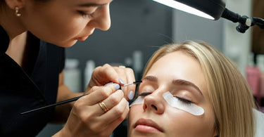 Woman receiving an eyelash tint treatment for sensitive eyes at a spa