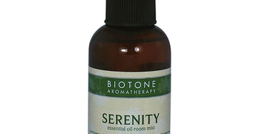 Biotone Serenity Aromatherapy Essential Oil Room Mist bottle on a spa tray with linens