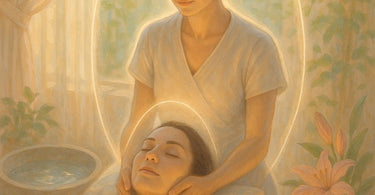 A spa professional in a serene treatment room taking a deep, centering breath with eyes closed, surrounded by calming plants and soft light, embodying the practice of setting energetic boundaries.