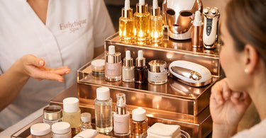 Spa professional preparing a facial treatment with high-frequency machine and various skincare products, illustrating the concept of a facial add-on ladder from basic to premium packages.