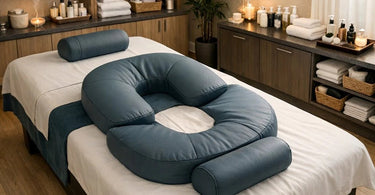 A serene and safely equipped prenatal massage room setup featuring a specialized massage table with bolsters, pregnancy-safe oils, and soft lighting