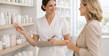 A diverse spa and salon team smiling and discussing product recommendations with a client in a beautifully stocked retail area.