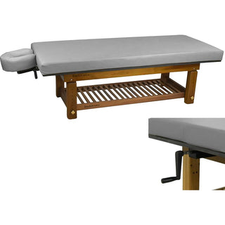 Solterra Teak Massage Table by TouchAmerica in an outdoor spa setting