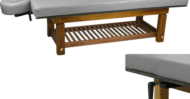 Solterra Teak Massage Table by TouchAmerica in an outdoor spa setting