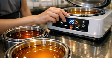 Close-up of an esthetician's hands using a digital thermometer to check the temperature of wax in a professional digital wax warmer