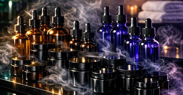 Proper storage of professional essential oil blends in amber glass bottles inside a cool, dark cabinet in a spa setting
