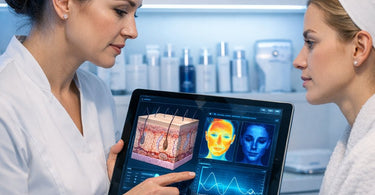 A spa professional performing a facial treatment with a multi-light LED therapy device on a client's skin in a serene, modern treatment room.