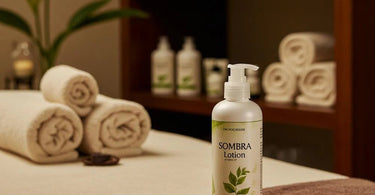 Sombra Lotion bottle displayed alongside massage stones and spa towels