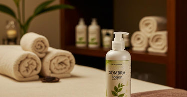 Sombra Lotion bottle displayed alongside massage stones and spa towels