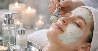 A professional esthetician performing a gentle, soothing facial treatment on a client with calm, hydrated skin