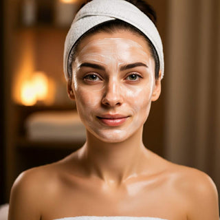 A woman receiving a facial treatment, showcasing radiant, clear skin