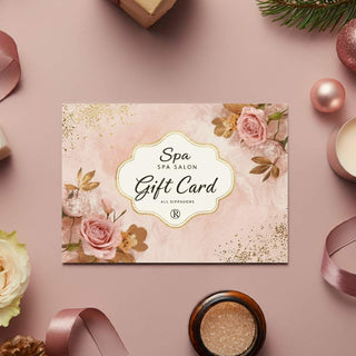 Spa Gift Card on a wooden table with luxurious spa elements in the background