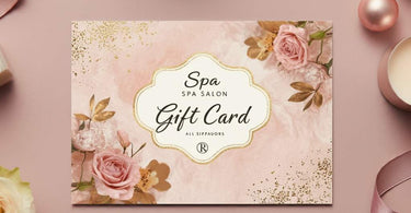 Spa Gift Card on a wooden table with luxurious spa elements in the background