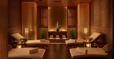 Serene spa relaxation room with cozy seating and calming ambiance