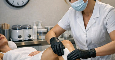 A close-up shot of a professional waxing setup featuring a digital timer set to 15 minutes, a pot of blue hard wax in a warmer, wooden spatulas, and pre-wax oil, symbolizing an efficient and high-quality speed waxing service.
