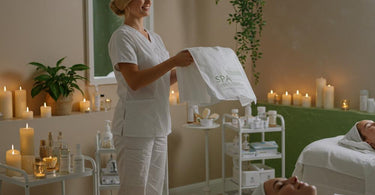 Spa Essentials Disposable Drape Sheets on a massage table with spa accessories
