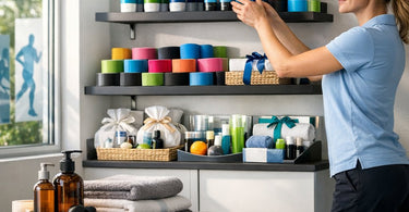 A collection of sports massage recovery products including gels and tape, arranged for a retail display.