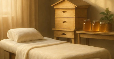 Massage therapist in a clean white uniform smiling, with a beekeeping veil and gloves photoshopped humorously onto the image, representing the dual hobby
