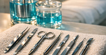 A clean and organized esthetician workstation with sterilized tools laid out on a blue towel, featuring tweezers, scissors, and a dermaplaning tool next to a UV sterilizer cabinet.