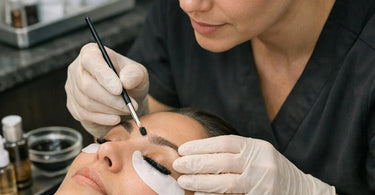 A professional esthetician performing a careful lash tinting service on a client in a clean, well-lit salon, highlighting safety and compliance with state board regulations.