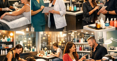 A professional beauty salon owner reviewing state licensing documents and compliance paperwork at a modern salon station