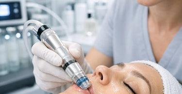 A licensed esthetician performing a hydrofacial treatment on a client in a modern, clean spa setting
