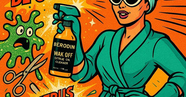 Berodin Wax Off Citrus Oil Equipment Cleaner removing wax residue from salon tools