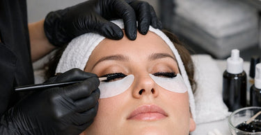 Professional lash tinting strategies for deep set eyes showing application technique and product selection