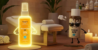 Stream2Sea reef-safe sunscreen and skincare products displayed in a luxury spa setting