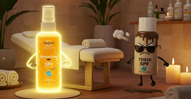 Stream2Sea reef-safe sunscreen and skincare products displayed in a luxury spa setting