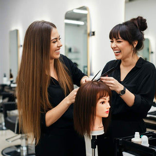 A stylist practicing hair techniques on a mannequin head