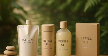 A curated collection of spa and salon refill kit products beautifully arranged, showcasing the convenience and luxury of a subscription membership.