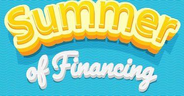 Spa owner reviewing financing options with colorful summer decor and spa products in background