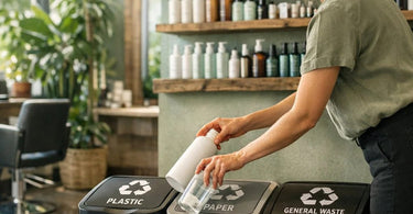 A neatly organized collection of empty professional salon product containers ready for recycling, set against a clean spa backdrop