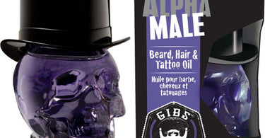 GIBS Alpha Male Beard, Hair, and Tattoo Oil in a glass skull bottle - the ultimate grooming essential for salons and barbers