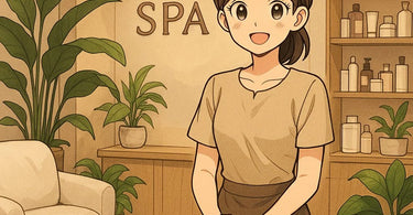 Spa professional warmly greeting a client in a serene, beautifully designed salon reception area