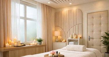 A serene spa treatment room with acoustic wall panels, soft lighting, and a massage table, emphasizing quiet and relaxation.