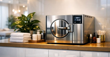 A sleek, modern autoclave sterilization station prominently displayed in a stylish spa setting, blending functionality with high-end interior design.