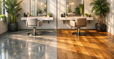A split image showing the contrasting aesthetics of polished concrete flooring and warm wood flooring in a salon setting, representing the design choice between modern industrial and classic organic styles.