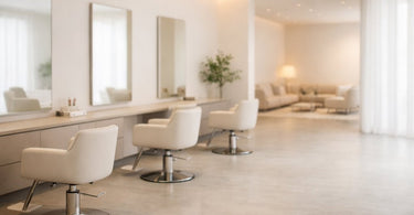 A bright and airy modern salon interior showcasing minimalist design with clean lines, a single massage table, and an uncluttered space emphasizing the concept of negative space for a calming client experience.